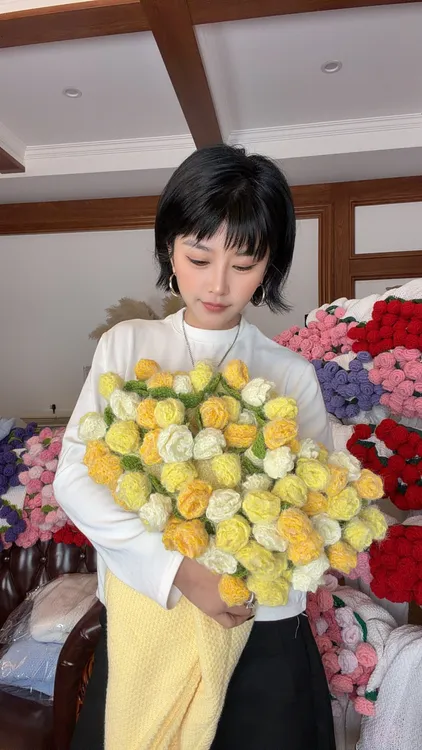 [爆品]成品黄色玫瑰花渐变玫瑰花毯子玫瑰花毛毯精致礼物花束-达