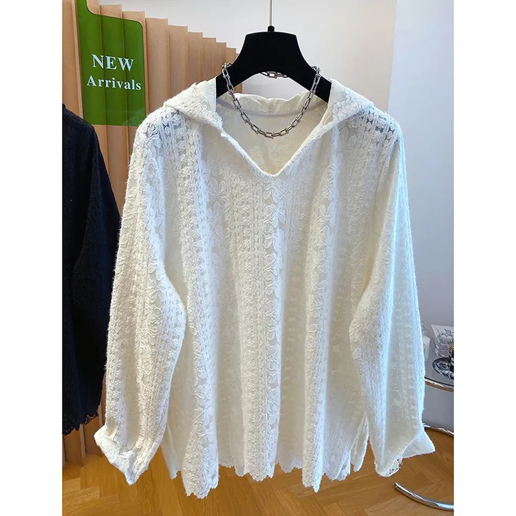 高级感磨毛提花镂空蕾丝衫女春季新款妈妈宽松百搭连帽打底衫上衣