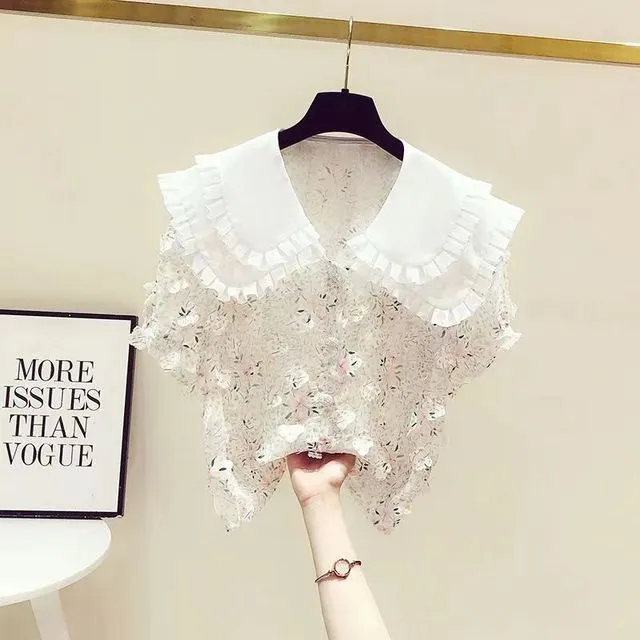 女童衬衫t恤2025新款夏季上衣短袖中大童儿童女洋气娃娃领公主风