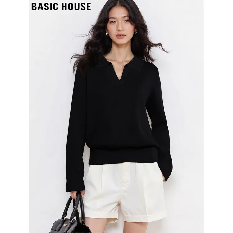 Basic House/百家好黑色V领长袖天丝针织衫女2025秋冬打底衫上衣