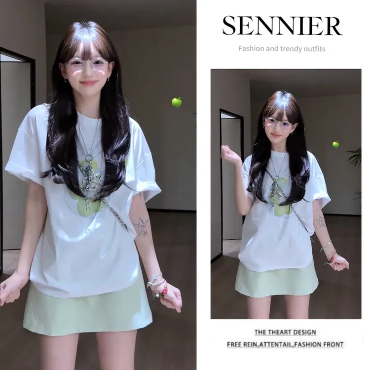 【现货速发】休闲穿搭夏季新款韩版宽松印花短袖T恤高腰短裙两件套