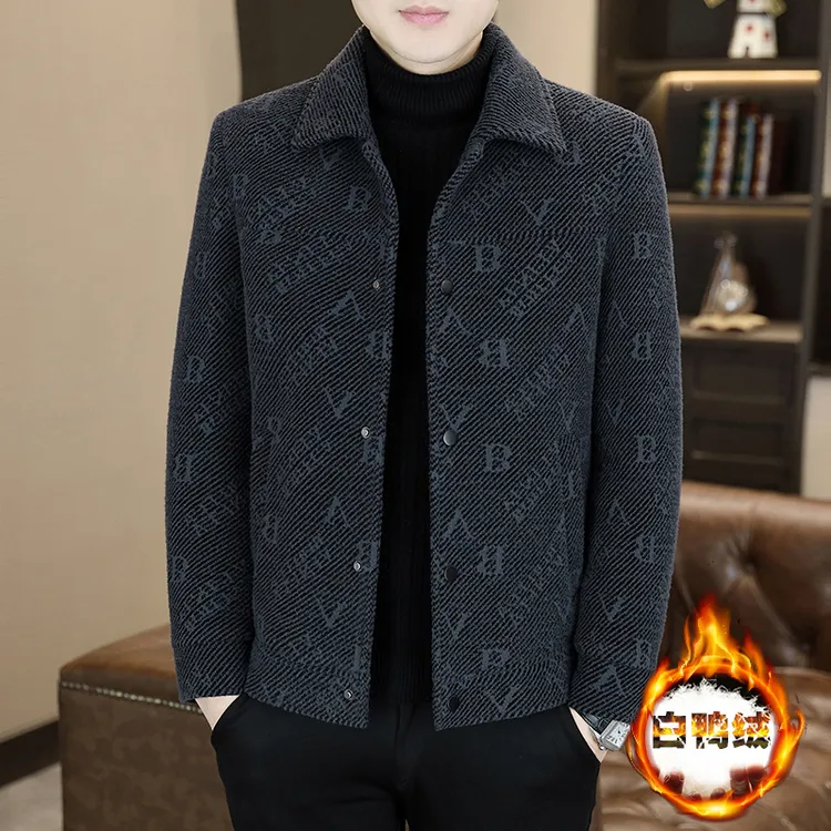 秋冬季翻领夹克加绒加厚时尚休闲潮流高级感毛呢羽绒内胆外套男