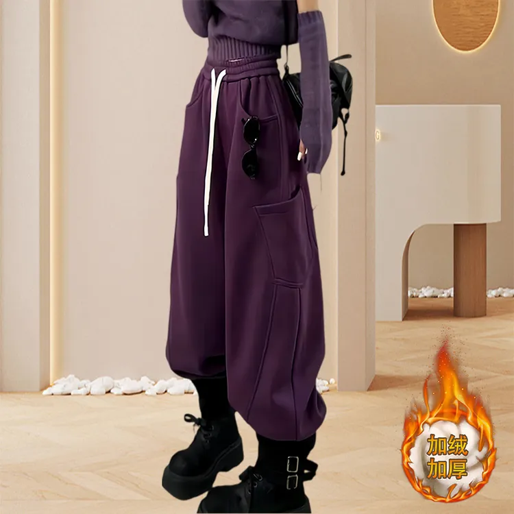小个子松弛感慵懒风阔腿卫裤秋冬款宽松显瘦多口袋弯刀休闲裤女装