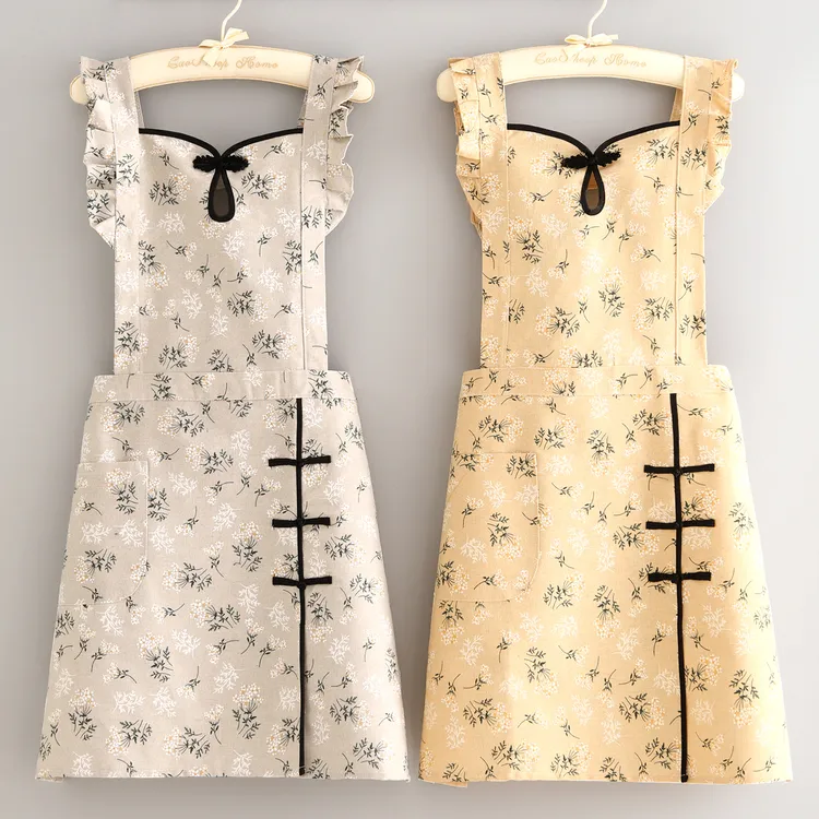 新中式旗袍围裙民族风厨房家用做饭围腰帆布餐饮烘焙奶茶店工作服