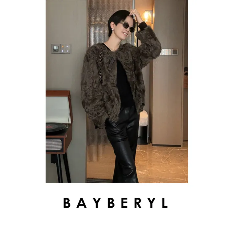 BAYBERYL老贝皮袢湖羊超薄圆领时髦秋卷毛一体皮衣9PY5I2643-9/27