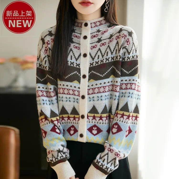 品牌新款时尚女欧美风美拉德风长袖提花费尔岛气质宽松针织开衫女
