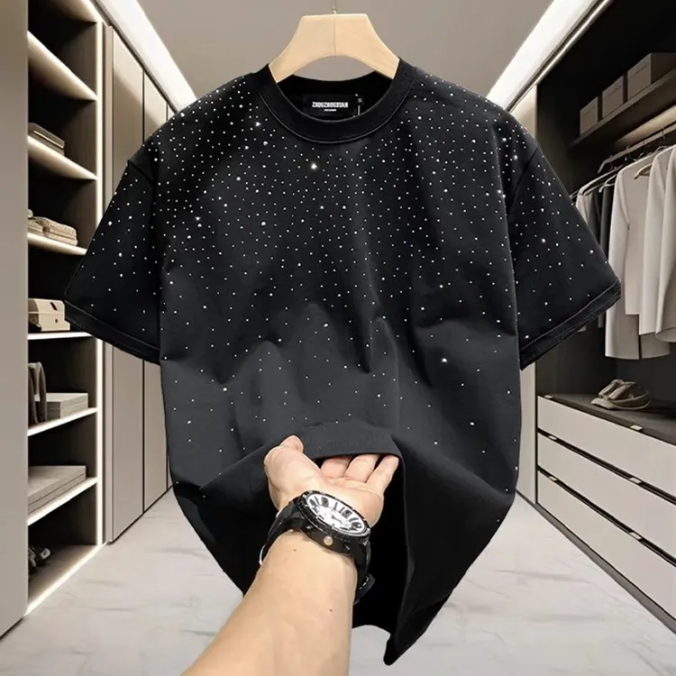 潮牌轻奢男士T恤短袖网红欧货时尚满天星烫钻修身圆领半袖打底衫