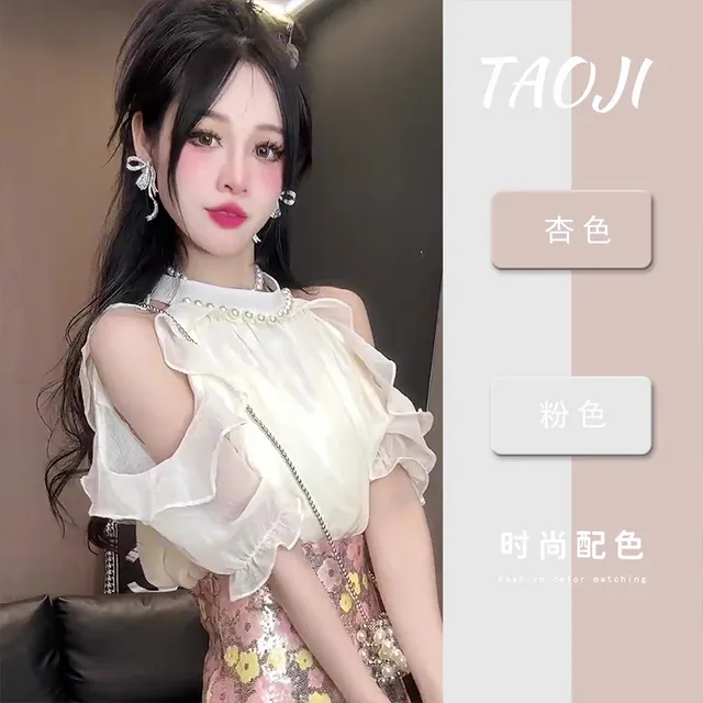 法式白色冰丝雪纺衫女夏季小个子荷叶边短袖衬衣小衫露肩挂脖上衣