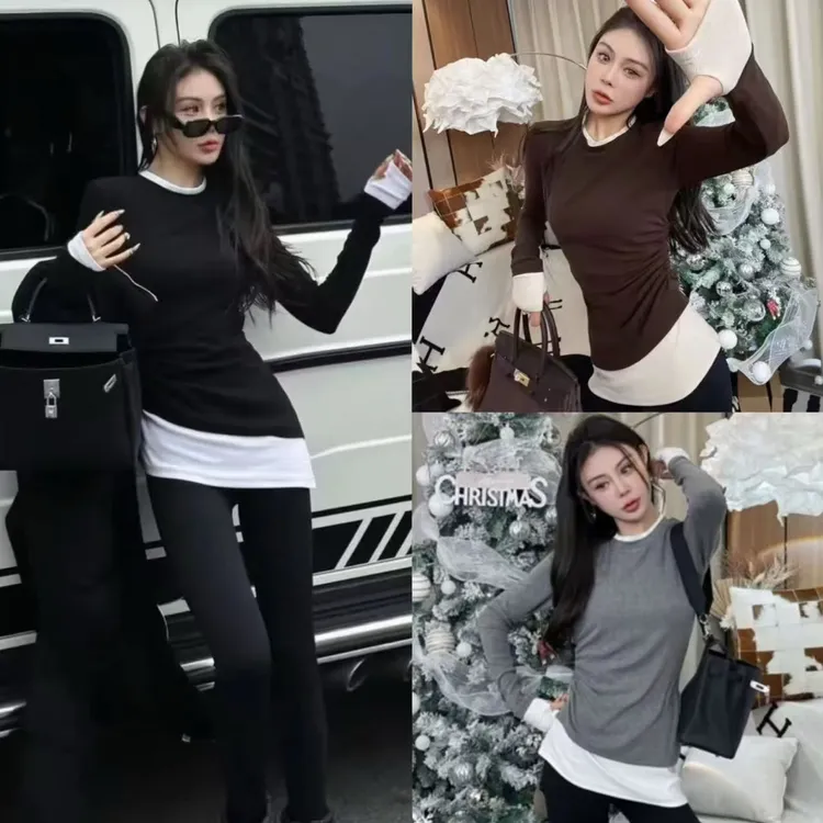 【肉肉家】新拼色假两件磨毛长袖女秋冬褶皱收腰修身显瘦上衣9182