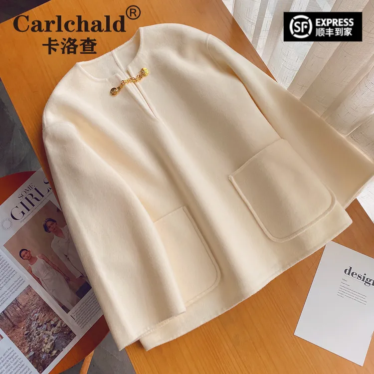 卡洛查（CARLCHALD）时尚简约领双面羊毛呢套头卫衣上衣短款外套女