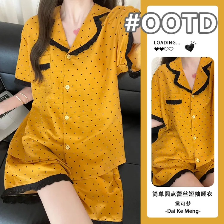 【简单圆点】甜美蕾丝蝴蝶结短袖短裤睡衣套装女可外穿舒适家居服夏