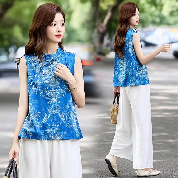 新中式风套装女2025夏季新款气质提花盘扣无袖背心阔腿裤两件套