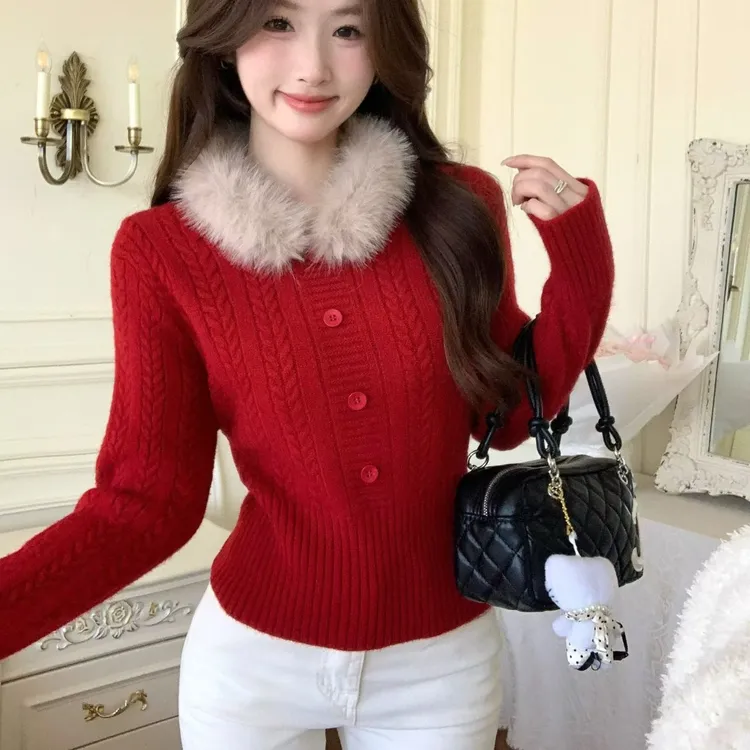 纯欲小撩精   法式复古可拆卸毛毛领麻花毛衣针织衫女冬季短上衣
