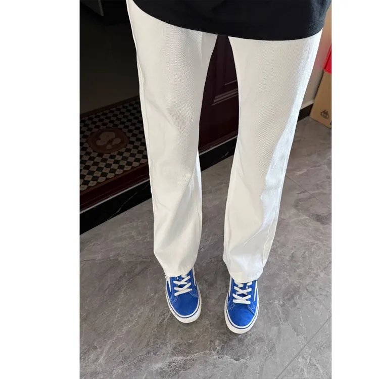 cleanfit白色弯刀牛仔裤男款秋季美式高街vibe裤子修身微喇直筒裤
