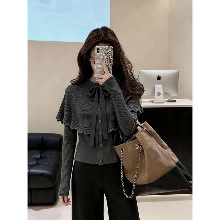 韩系格雷系慵懒高级感气质灰色斗篷蝴蝶结系带针织开衫毛衣女秋冬