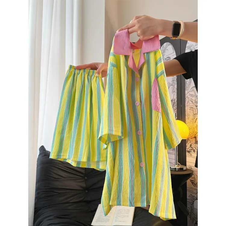 设计感撞色条纹拉布布印花睡衣女夏季宽松休闲短袖短裤家居服套装