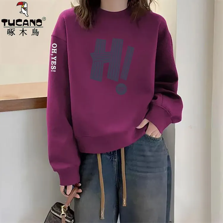 啄木鸟纯棉港风复古圆领卫衣女士春秋冬季百搭韩版宽松显瘦无帽衫