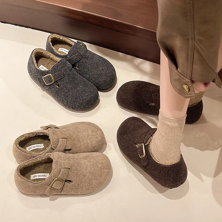 内增高4公分加绒保暖软底百搭勃肯鞋2025冬季时尚毛呢韩版一脚蹬