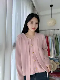 纯色木扣开衫海军领秋季学院风女毛针织衫韩系穿搭短款圆领毛衣
