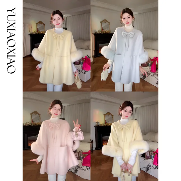 余潇潇【千金缔约】轻奢时尚100羊毛优雅中款大衣袖口可拆卸狐狸毛