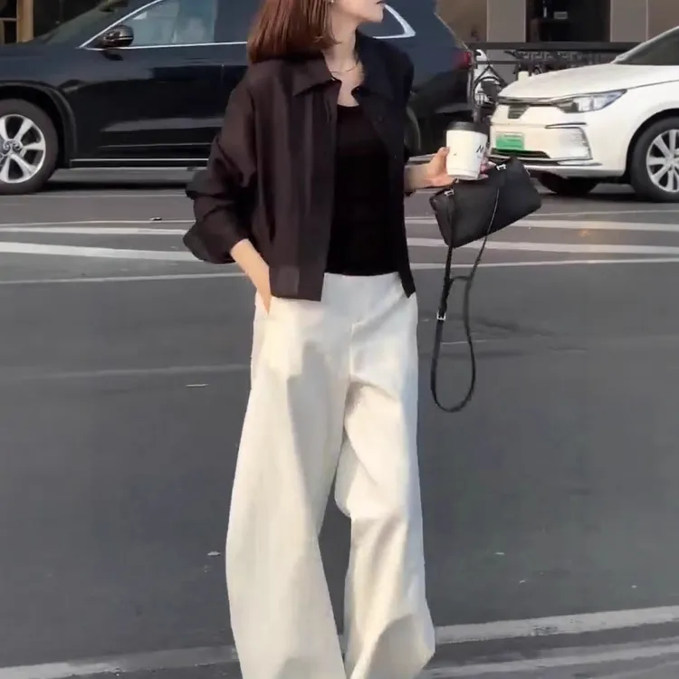 25022时尚气质潮流春季新款时尚翻领长袖短外套休闲宽松长裤女