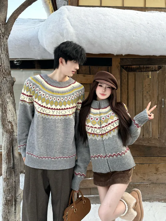 情侣装秋冬费尔岛针织衫慵懒风圆领宽松休闲开衫毛衣潮