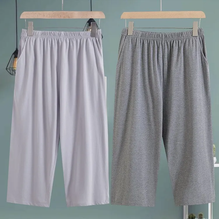 男士纯棉七分裤中老年高腰睡裤宽松大码过膝家居裤七分裤男夏季