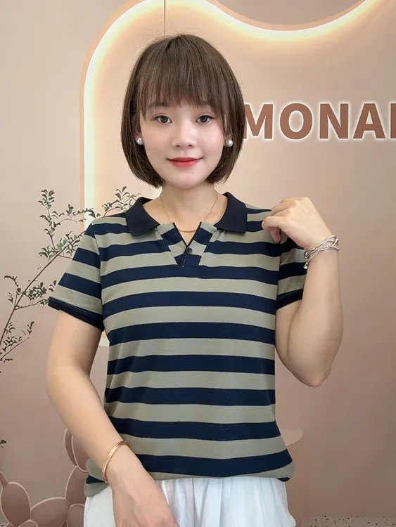 条纹短袖T恤衫宽松休闲大码女装显瘦百搭Polo衫上衣
