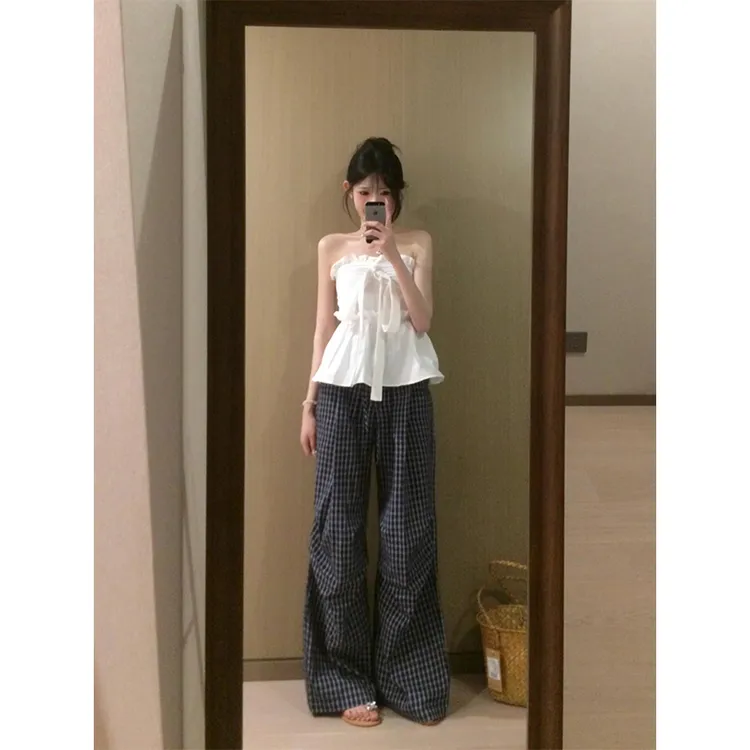 韩系白色无袖蝴蝶结上衣套装女夏季新款设计感格子宽松裤子两件套