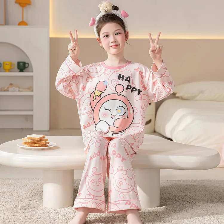早秋新款中大童薄款纯棉长袖睡衣女童洋气公主圆领套头亲子家居服