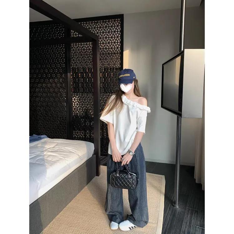 松弛vacation斜肩花边领T恤夏季简约休闲短袖宽松上衣