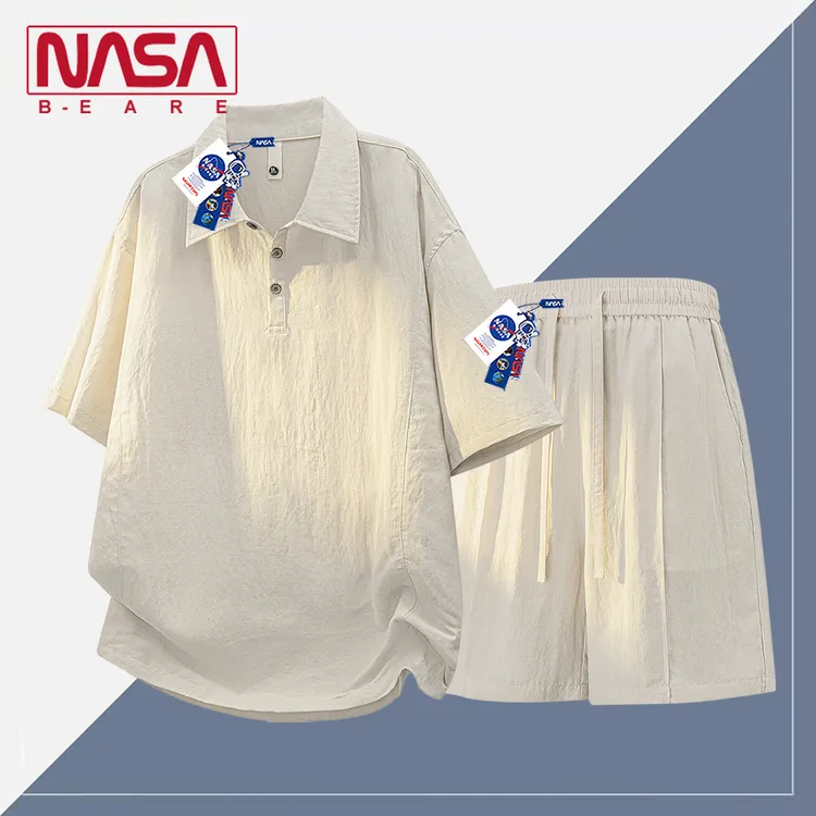 NASA联名莱赛尔冰丝亚麻POLO衫短袖短裤套装男士夏季大码休闲宽松