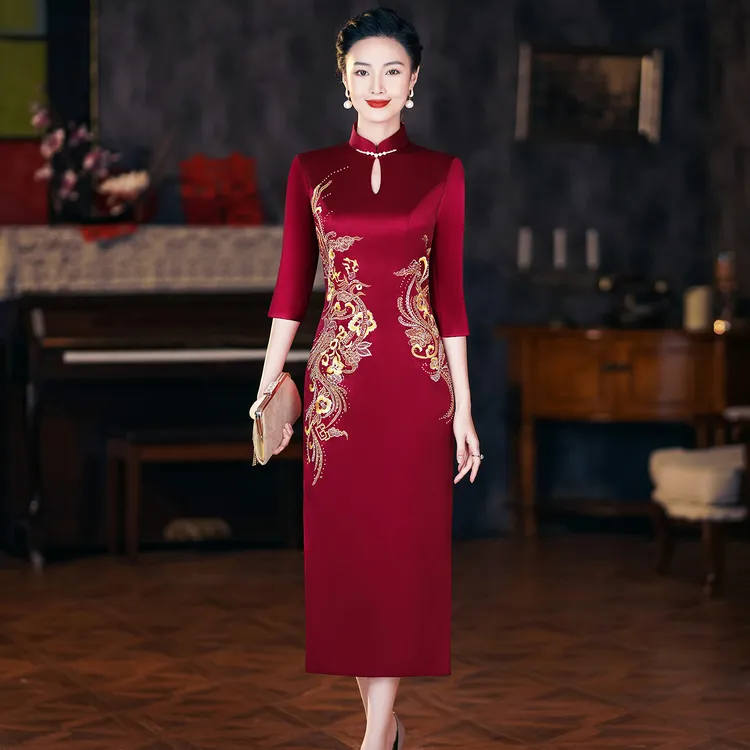 高端喜妈妈婚宴装高档连衣裙2025新款结婚旗袍醋酸婚庆婆婆装礼服