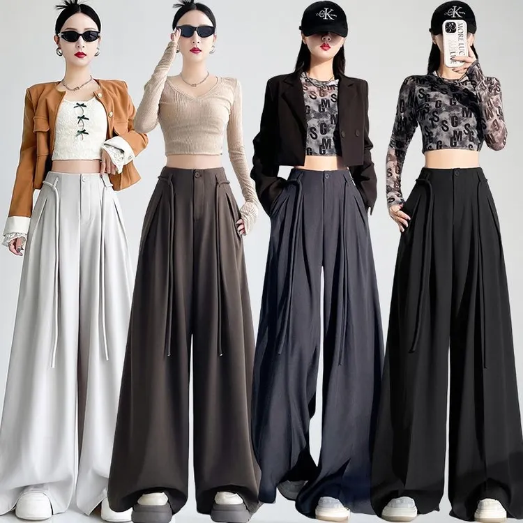 （原版正品)秋冬款韩版抽绳褶皱阔腿裤小众设计感高腰垂感显瘦长裤