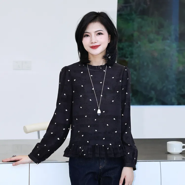 枫竺阿楠anan优雅木耳边圆领爱心印花纯棉衬衫女秋季休闲外穿上衣