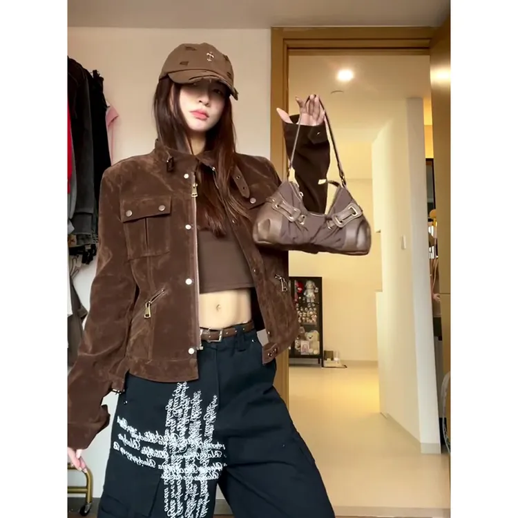 秋季美式复古美拉德工装风夹克上衣女新款宽松正肩短麂皮通勤外套