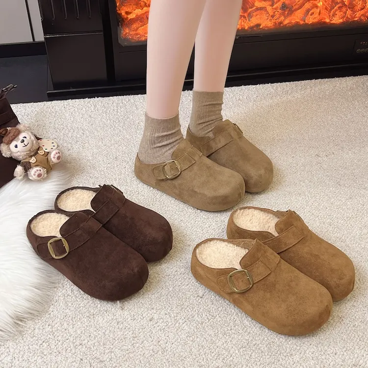 牛皮加绒勃肯半拖鞋女秋冬时尚穿搭厚底文艺百搭穆勒拖鞋A-712