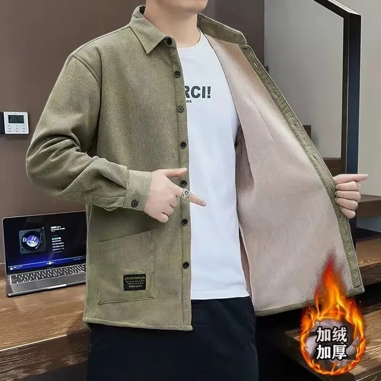 秋冬新款加绒加厚长袖衬衫灯芯笼男士保暖衬衣多口袋休闲工装衬衣