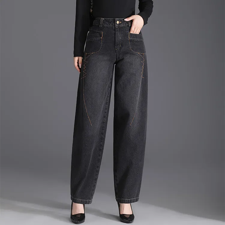 秋冬加绒高腰牛仔灯笼裤女宽松阔腿裤黑色显瘦大码休闲萝卜哈伦裤