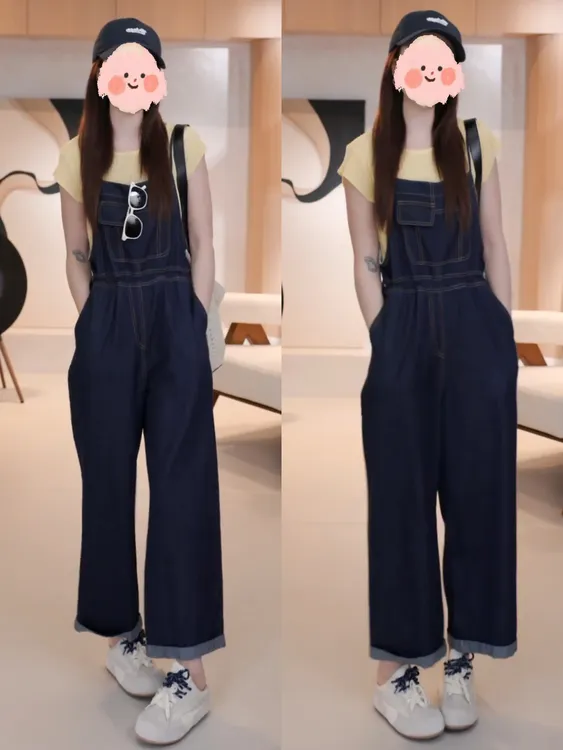 2025夏季时尚坑条抽绳针织衫搭口袋抽绳阔腿牛仔背带裤气质套装女