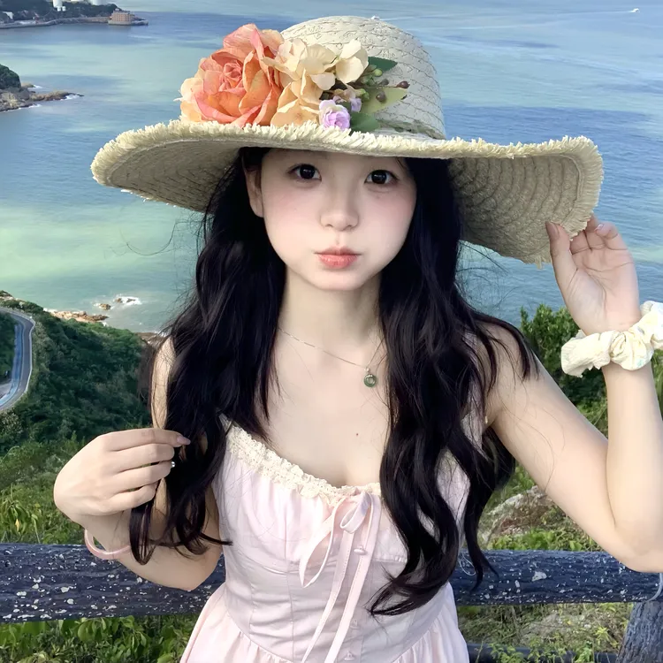 手工花朵法式大帽檐防晒夏季草编帽气质度假沙滩遮阳海边帽檐帽子