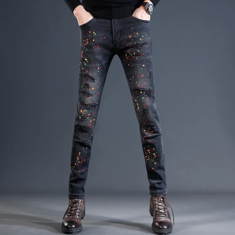 Cebrodz香港破洞牛仔裤秋冬款修身小脚2025新款潮牌泼墨男士裤子