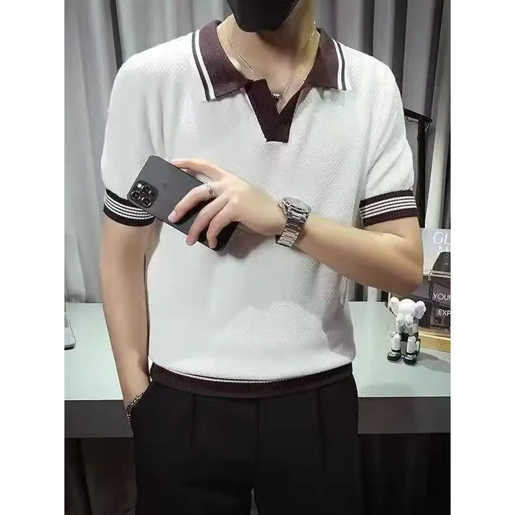 高端轻奢拼接Polo衫男短袖夏季薄款韩版修身商务休闲痞帅翻领t恤