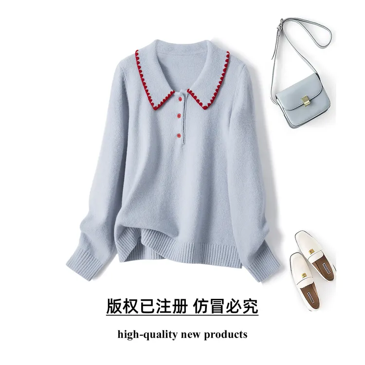 奢姿奢姿秋冬大码女装撞色娃娃领毛衣胖妹妹遮肉减龄学院风针织衫