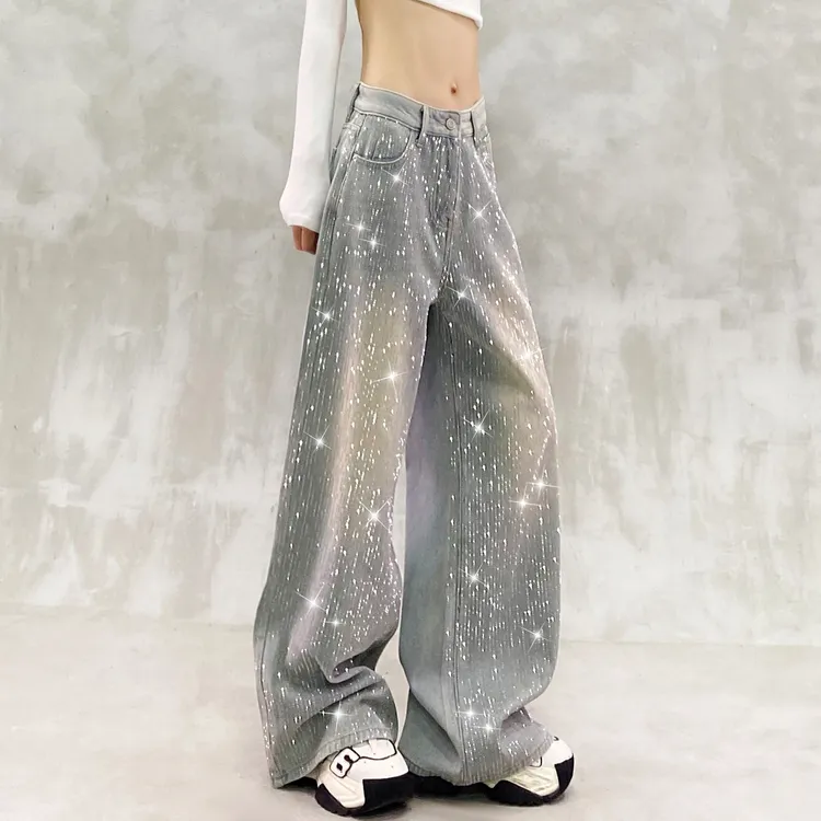 重工闪亮烫钻装饰加绒牛仔裤女冬新款高腰宽松显瘦百搭直筒阔腿裤