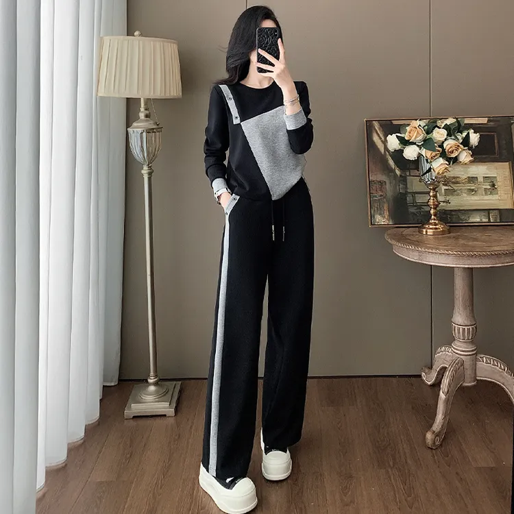高含棉休闲拼接撞色运动套装女2025秋冬减龄气质卫衣阔腿裤两件套