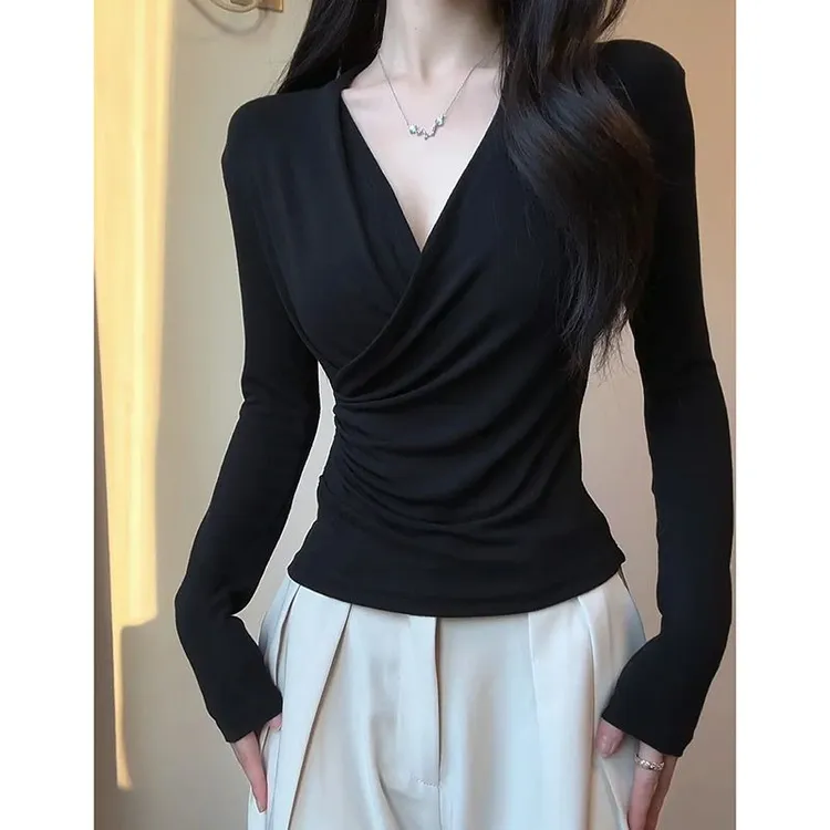 黑色交叉v领长袖t恤女春秋新款修身收腰遮肚子纯欲内搭打底衫上衣