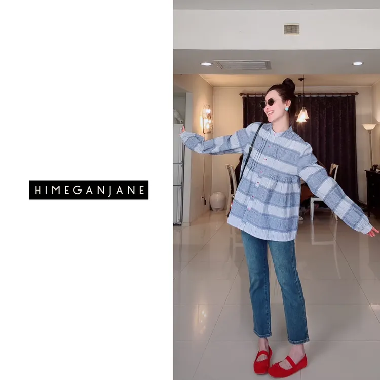 HIMEGANJANE “娃娃衫”色织面料 设计感拼接撞色减龄上衣250396