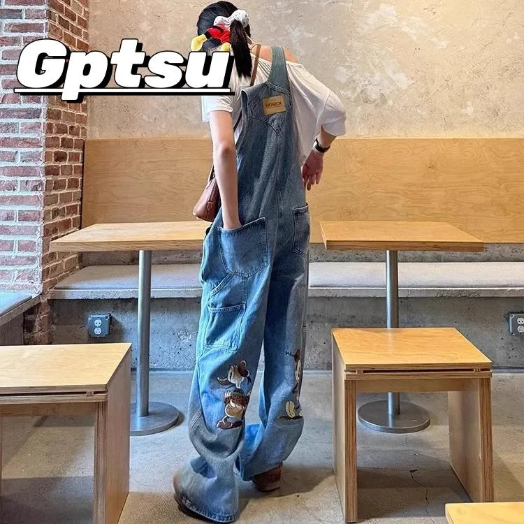 GPTSu卡通米奇牛仔背带裤女2025春季新款宽松显瘦慵懒风阔腿裤子