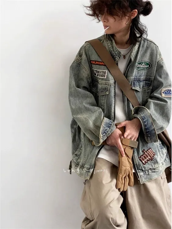 美式复古贴章设计感水洗做旧刺绣牛仔衣外套男女春秋高街工装夹克